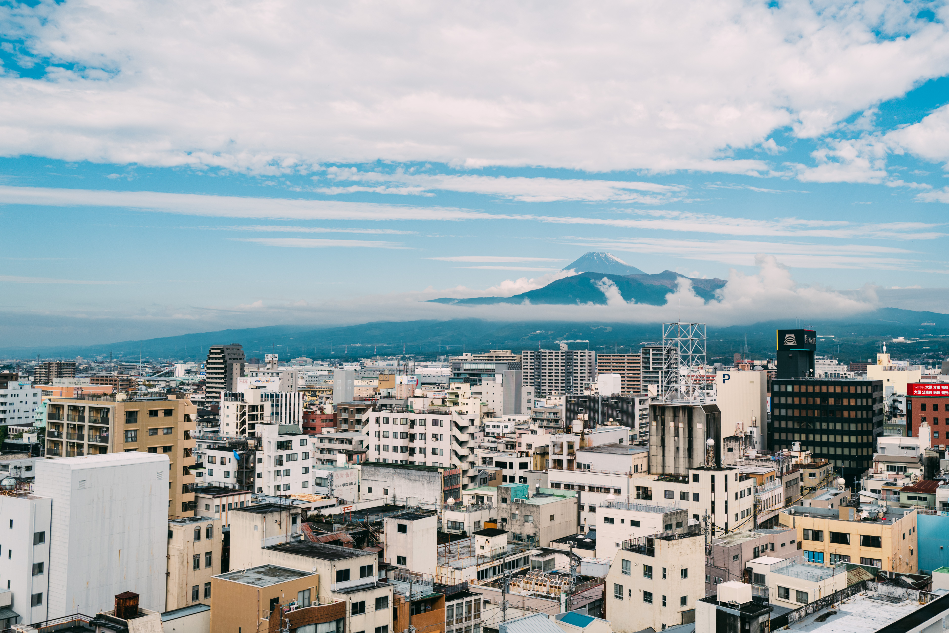 The view of Mt. Fuji from a hotel window in Numazu, Japan.