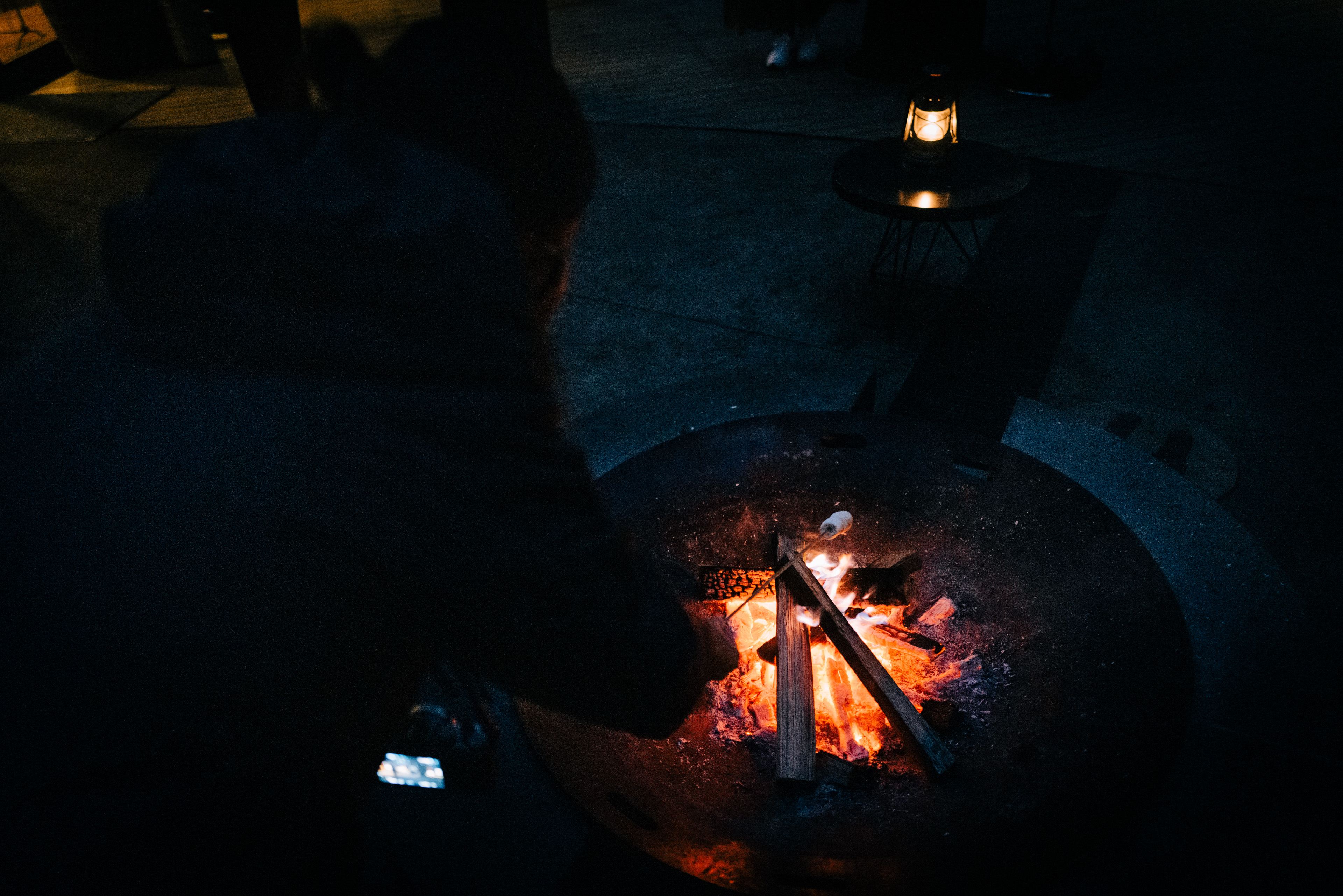 Roasting marshmallows at Hoshinoya Fuji.