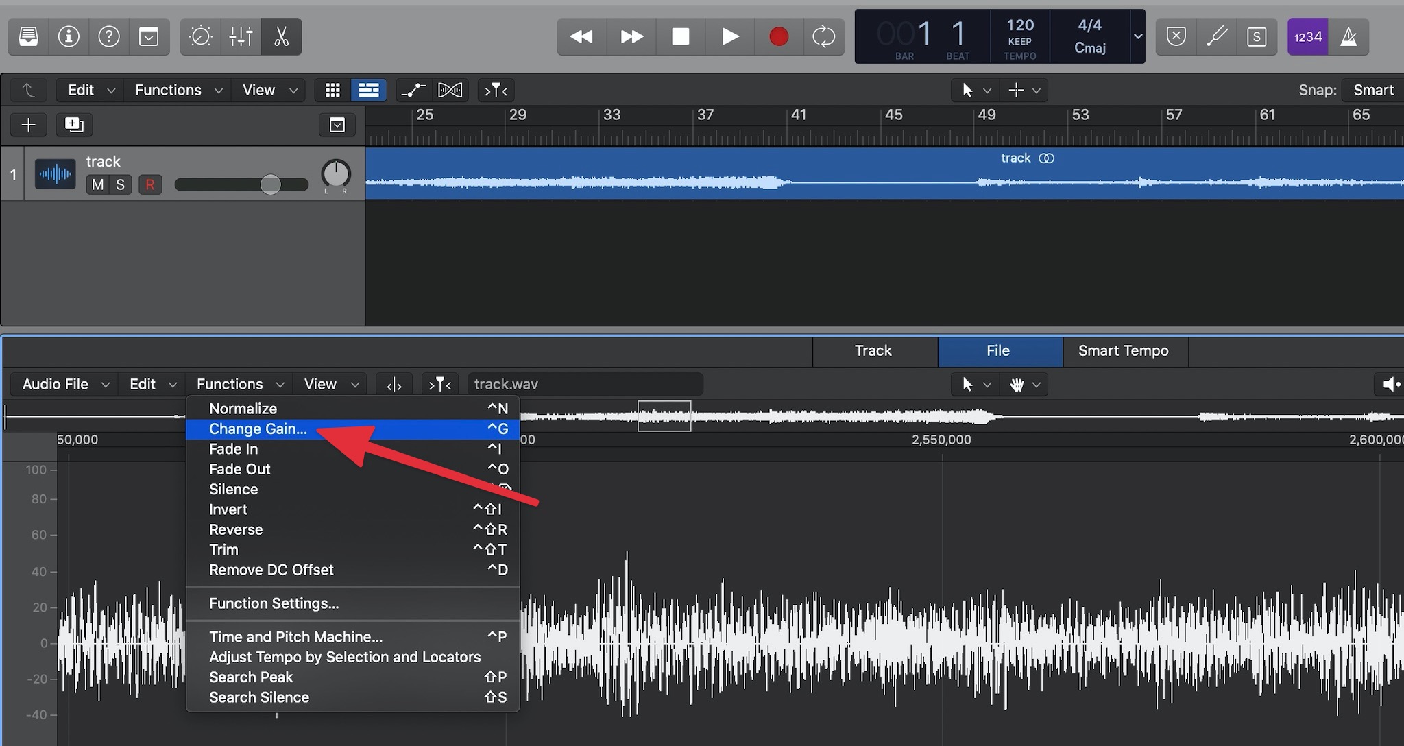 Change gain in Logic Pro X.