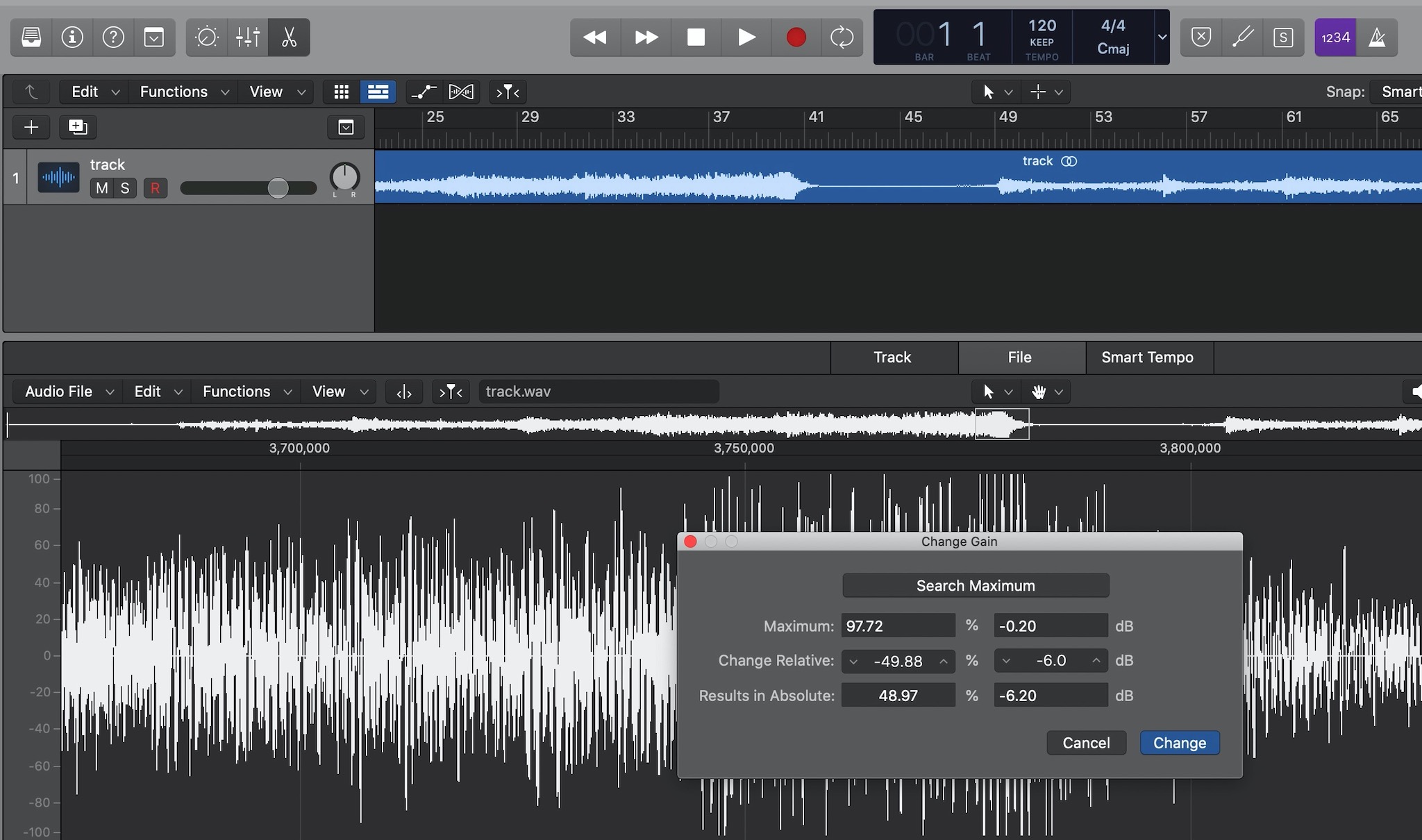 A normalized audio file in Logic Pro X.