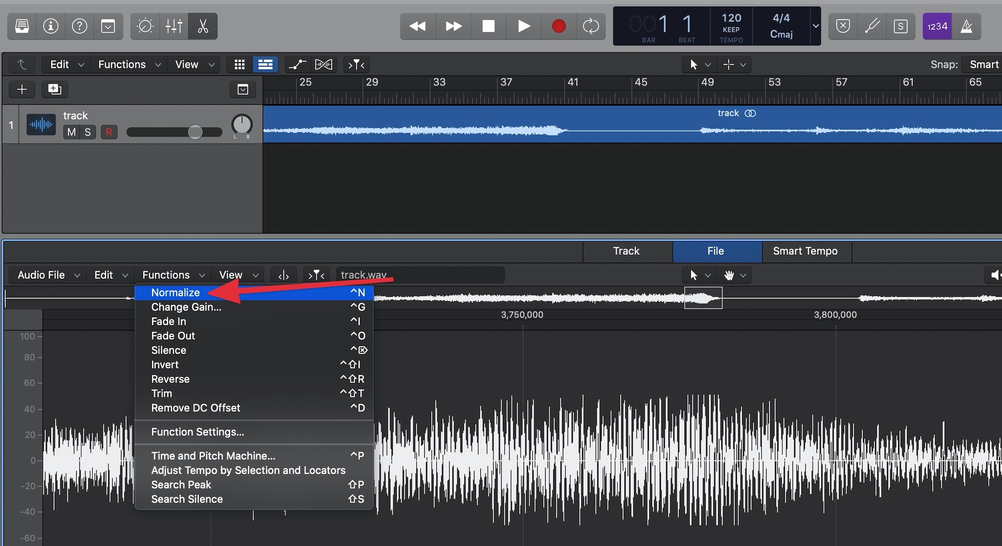 The normalize function in Logic Pro X.