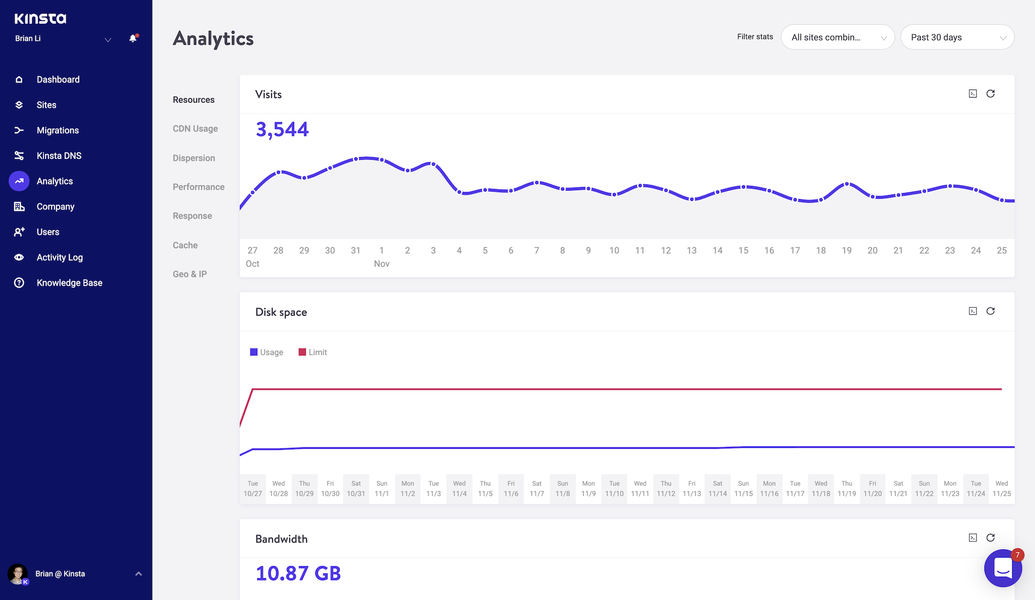 Web analytics in the Kinsta dashboard.